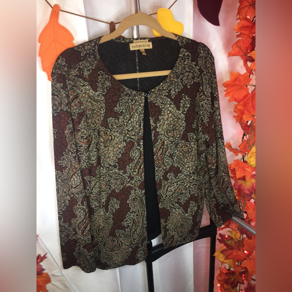Notations | Women’s Brown/Black Paisley Print Long Sleeve Blouse Top